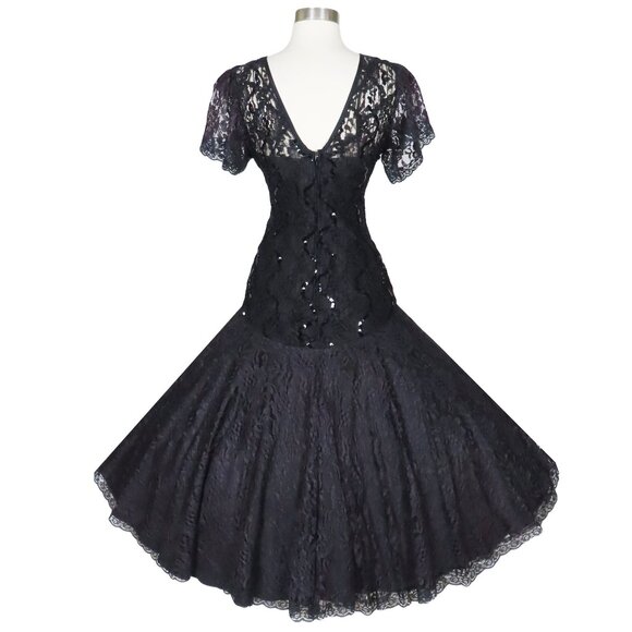 Vintage 80s 20s Black Lace Prom Party Dress M Medium Goth Witchy Whimsygoth - Picture 3 of 12